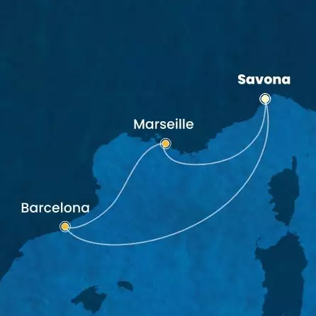 COSTA DIADEMA - útvonalterv 3 éjszaka indulás SAVONA kelt 29/10/2026 - Italy, Spain, France