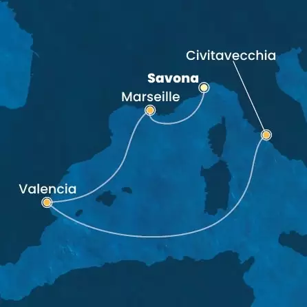 COSTA PACIFICA - útvonalterv 3 éjszaka indulás SAVONA kelt 30/03/2026 - Italy, France, Spain