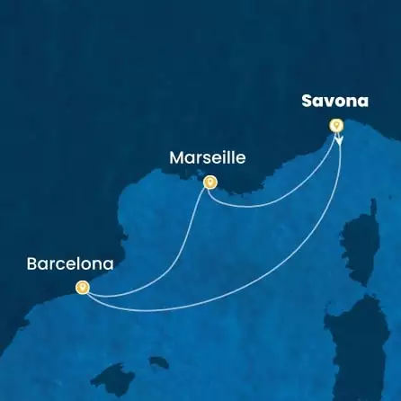 COSTA DIADEMA - útvonalterv 4 éjszaka indulás SAVONA kelt 29/10/2026 - Italy, Spain, France