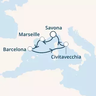 COSTA LUMINOSA - útvonalterv 4 éjszaka indulás SAVONA kelt 18/12/2021 - Italy, France, Spain