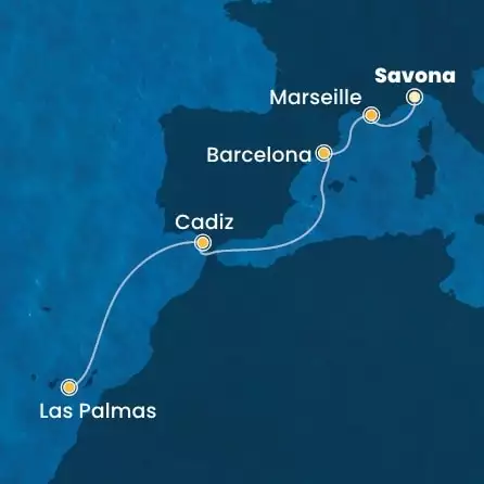 COSTA FORTUNA - útvonalterv 5 éjszaka indulás SAVONA kelt 13/12/2025 - Italy, France, Spain, Canary Islands
