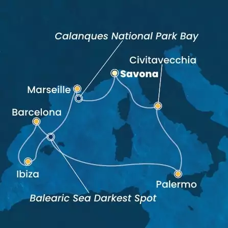 COSTA SMERALDA - útvonalterv 6 éjszaka indulás SAVONA kelt 13/06/2026 - Italy, France, Balearic Islands, Spain