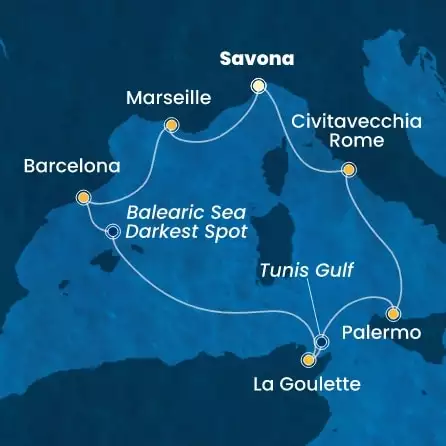 COSTA SMERALDA - útvonalterv 6 éjszaka indulás SAVONA kelt 11/04/2026 - Italy, France, Spain, Tunisia