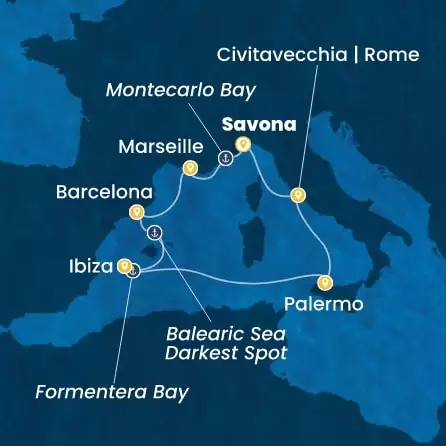 COSTA TOSCANA - útvonalterv 7 éjszaka indulás SAVONA kelt 25/09/2027 - Italy, France, Spain, Balearic Islands