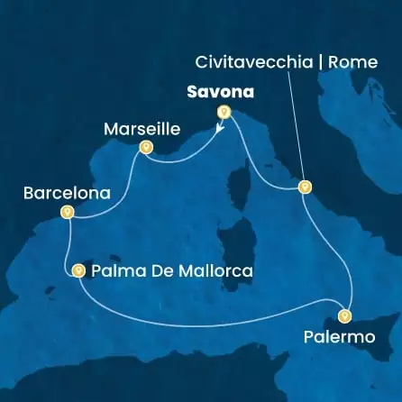COSTA TOSCANA - útvonalterv 6 éjszaka indulás SAVONA kelt 30/01/2027 - Italy, France, Spain, Balearic Islands