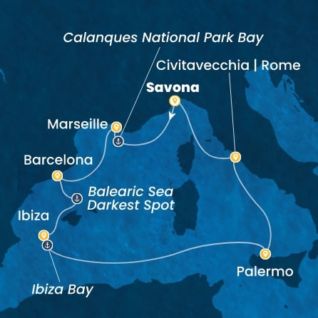 COSTA SMERALDA - útvonalterv 6 éjszaka indulás SAVONA kelt 01/08/2026 - Italy, France, Spain, Balearic Islands