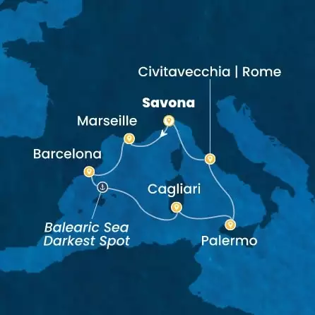 COSTA SMERALDA - útvonalterv 6 éjszaka indulás SAVONA kelt 17/10/2026 - Italy, France, Spain