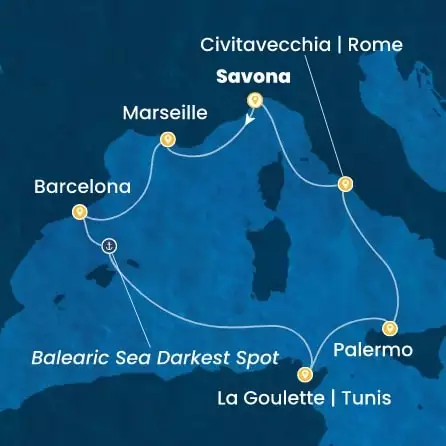 COSTA PACIFICA - útvonalterv 6 éjszaka indulás SAVONA kelt 18/10/2026 - Italy, France, Spain, Tunisia