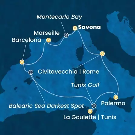 COSTA TOSCANA - útvonalterv 7 éjszaka indulás SAVONA kelt 09/10/2027 - Italy, France, Spain, Tunisia