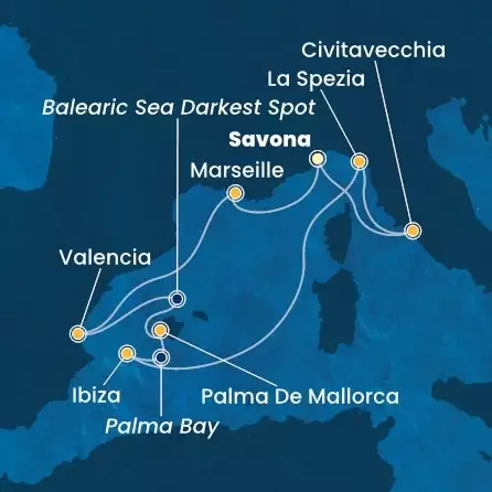 COSTA PACIFICA - útvonalterv 7 éjszaka indulás SAVONA kelt 04/04/2026 - Italy, France, Spain, Balearic Islands