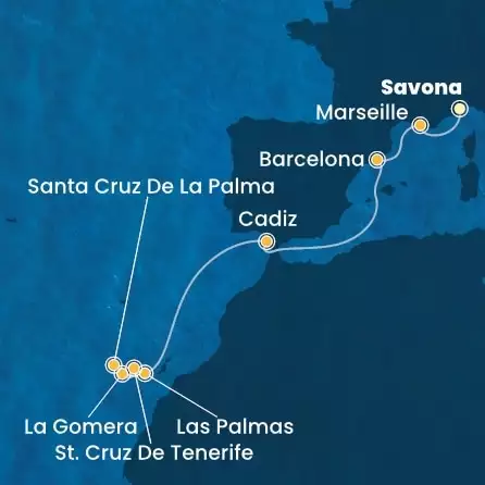 COSTA FORTUNA - útvonalterv 8 éjszaka indulás SAVONA kelt 13/12/2025 - Italy, France, Spain, Canary Islands