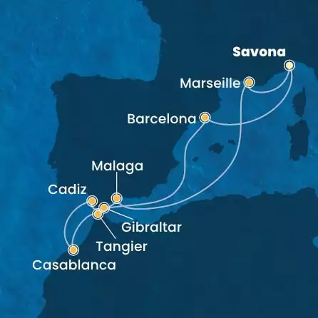COSTA DIADEMA - útvonalterv 9 éjszaka indulás SAVONA kelt 08/10/2026 - Italy, Spain, Morocco, Gibraltar, France
