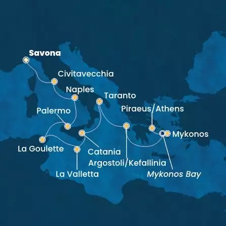 COSTA FASCINOSA - útvonalterv 9 éjszaka indulás SAVONA kelt 31/05/2026 - Italy, Tunisia, Malta, Greece