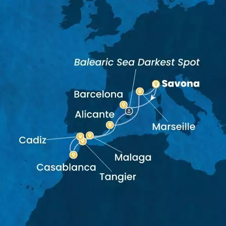 COSTA DIADEMA - útvonalterv 10 éjszaka indulás SAVONA kelt 22/09/2027 - Italy, Spain, Morocco, France