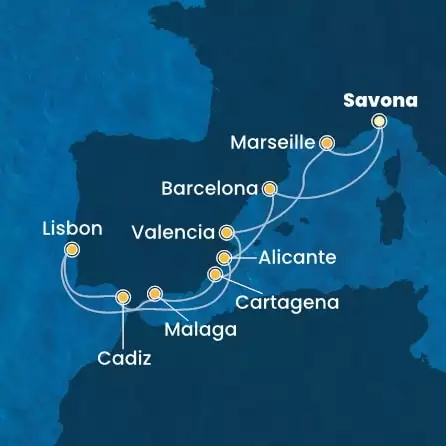 COSTA FAVOLOSA - útvonalterv 10 éjszaka indulás SAVONA kelt 02/04/2026 - Italy, France, Spain, Portugal