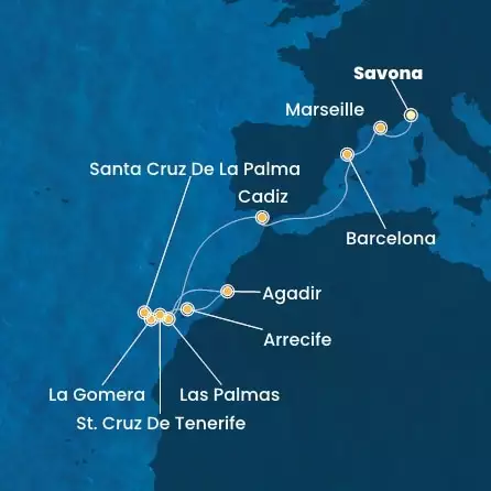 COSTA FORTUNA - útvonalterv 12 éjszaka indulás SAVONA kelt 13/12/2025 - Italy, France, Spain, Canary Islands, Morocco