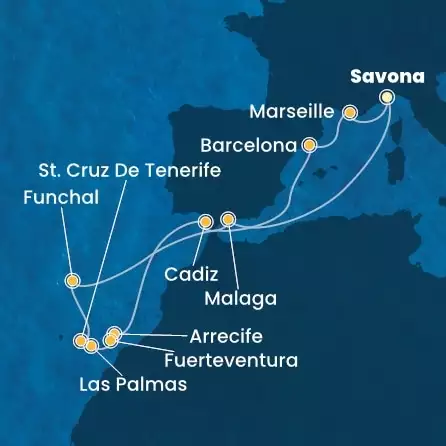 COSTA DIADEMA - útvonalterv 13 éjszaka indulás SAVONA kelt 06/10/2024 - Italy, Spain, Canary Islands, Madeira , France
