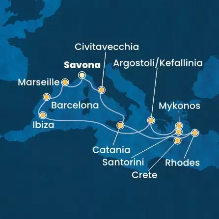 COSTA FASCINOSA - útvonalterv 13 éjszaka indulás SAVONA kelt 18/05/2025 - Italy, Greece, Balearic Islands, Spain, France