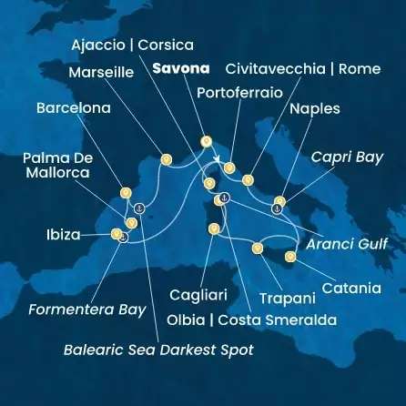 COSTA FAVOLOSA - útvonalterv 14 éjszaka indulás SAVONA kelt 01/10/2027 - Italy, Corsica (France), Balearic Islands, Spain, France