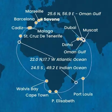 COSTA TOSCANA - útvonalterv 41 éjszaka indulás SAVONA kelt 13/11/2025 - Italy, France, Spain, Canary Islands, Namibia, South Africa, Mauritius, Oman, United Arab Emirates