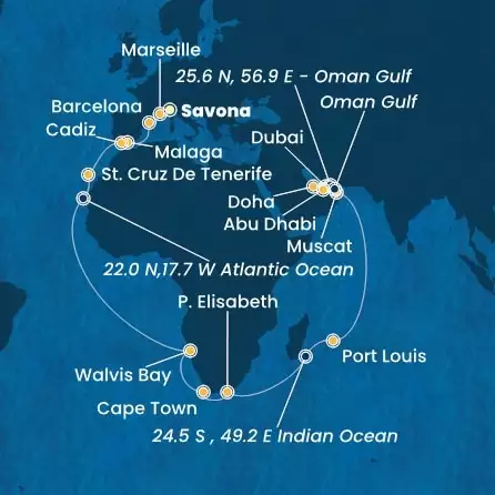 COSTA TOSCANA - útvonalterv 42 éjszaka indulás SAVONA kelt 13/11/2025 - Italy, France, Spain, Canary Islands, Namibia, South Africa, Mauritius, Oman, United Arab Emirates