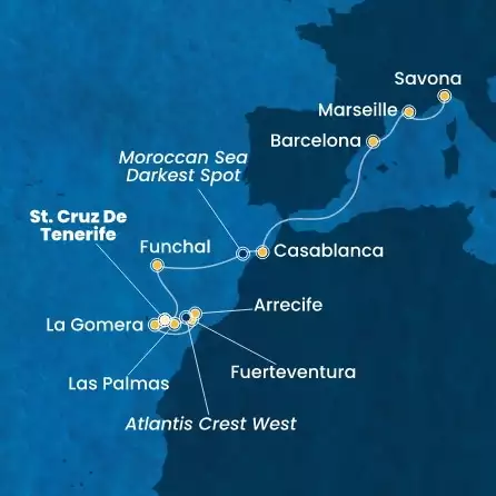 COSTA FORTUNA - útvonalterv 11 éjszaka indulás ST. CRUZ DE TENERIFE kelt 06/04/2026 - Canary Islands, Spain, Madeira , Morocco, France, Italy