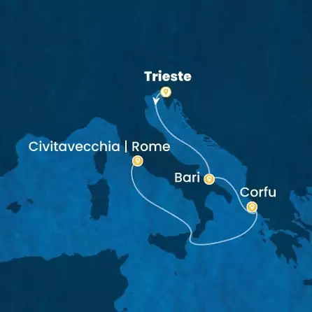 COSTA DELIZIOSA - útvonalterv 4 éjszaka indulás Trieste kelt 20/11/2026 - Italy, Greece
