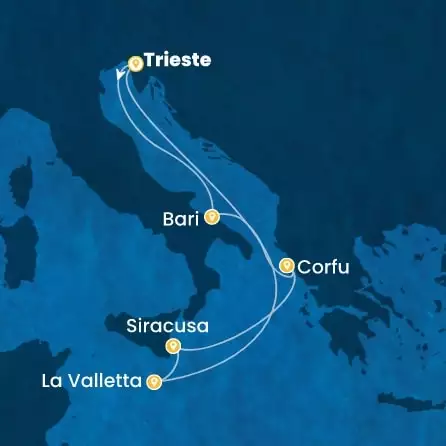 COSTA DELIZIOSA - útvonalterv 6 éjszaka indulás Trieste kelt 14/11/2026 - Italy, Greece, Malta