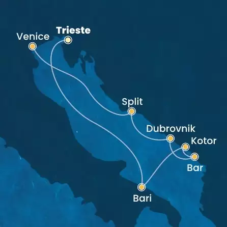 COSTA DELIZIOSA - útvonalterv 6 éjszaka indulás Trieste kelt 11/04/2026 - Italy, Montenegro, Croatia
