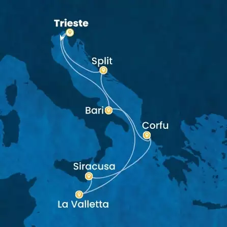 COSTA DELIZIOSA - útvonalterv 7 éjszaka indulás Trieste kelt 31/10/2026 - Italy, Greece, Malta, Croatia