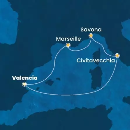 COSTA PACIFICA - útvonalterv 4 éjszaka indulás VALENCIA kelt 01/04/2026 - Spain, Italy, France