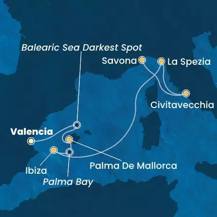 COSTA PACIFICA - útvonalterv 5 éjszaka indulás VALENCIA kelt 06/04/2026 - Spain, Balearic Islands, Italy