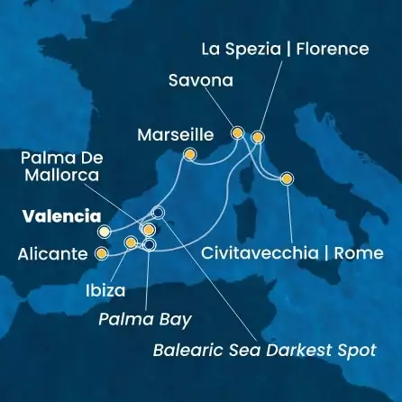 COSTA PACIFICA - útvonalterv 8 éjszaka indulás VALENCIA kelt 06/04/2026 - Spain, Balearic Islands, Italy, France