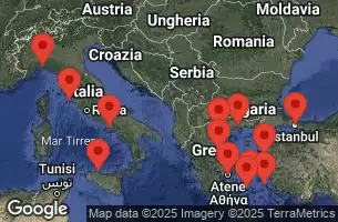 EXPLORA I - útvonalterv 15 éjszaka indulás Piraeus (Athens) kelt 19/07/2025 - Grecia, Turchia, Italia