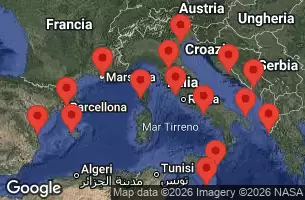 EXPLORA I - útvonalterv 20 éjszaka indulás Barcelona kelt 25/03/2026 - Spagna, Francia, Italia, Malta, Grecia, Montenegro, Croazia, Porto Rico