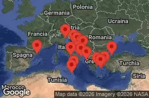 EXPLORA I - útvonalterv 23 éjszaka indulás Barcelona kelt 02/04/2026 - Spagna, Italia, Malta, Grecia, Montenegro, Croazia, Turchia