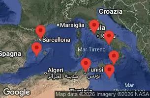 EXPLORA I - útvonalterv 8 éjszaka indulás Barcelona kelt 28/09/2026 - Spagna, Tunisia, Malta, Italia, Turchia