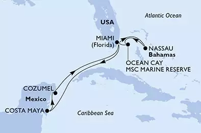 MSC SEASIDE - útvonalterv 9 éjszaka indulás Miami United States kelt 09/08/2027 - Miami,Nassau,Ocean Cay,Miami,Costa Maya,Cozumel,Miami