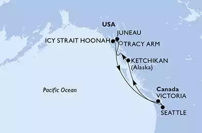 MSC POESIA - útvonalterv 7 éjszaka indulás Seattle Washington kelt 26/06/2028 - Seattle,Ketchikan,Icy Strait Hoonah,Tracy Arm,Juneau,Victoria,Seattle