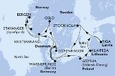Copenhagen,Warnemunde,Gdynia,Klaipeda,Riga,Stockholm,Copenhagen,Warnemunde,Stavanger,Bergen,Kristiansand,Oslo,Copenhagen