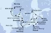 Warnemunde,Gdynia,Klaipeda,Riga,Stockholm,Copenhagen,Warnemunde,Eidfjord,Bergen,Kristiansand,Oslo,Copenhagen,Warnemunde