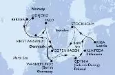 Copenhagen,Warnemunde,Gdynia,Klaipeda,Riga,Stockholm,Copenhagen,Warnemunde,Eidfjord,Bergen,Kristiansand,Oslo,Copenhagen