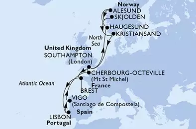 MSC MERAVIGLIA - útvonalterv 14 éjszaka indulás Southampton United Kingdom kelt 10/07/2027 - Southampton,Brest,Lisbon,Vigo,Cherbourg,Southampton,Haugesund,Alesund,Skjolden,Kristiansand,Southampton