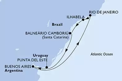 MSC SPLENDIDA - útvonalterv 8 éjszaka indulás Rio de Janeiro Brazil kelt 24/02/2028 - Rio de Janeiro,Ilhabela,Balneario Camboriu,Punta Del Este,Buenos Aires,Rio de Janeiro