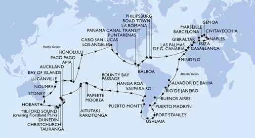 MSC MAGNIFICA - útvonalterv 121 éjszaka indulás Genoa (Portofino) Italy kelt 05/01/2027 - Italy,France,Spain,Gibraltar,Morocco,Cape Verde,Brazil,Argentina,Falkland Islands (Malvinas),Chile,Pitcairn,French Polynesia,Cook Islands,New Zealand,Australia,New Caledonia,Vanuatu,Samoa,American Samoa,United States,Mexico,Costa Rica,Panama,Dominican Republic,Virgin Islands,Netherlands Antilles