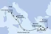 Naples,Civitavecchia,Mykonos,Marmaris,Santorini,Naples