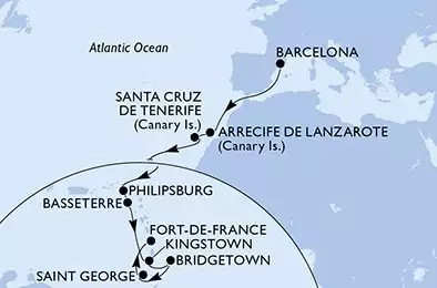 MSC WORLD EUROPA - útvonalterv 17 éjszaka indulás Barcelona Spain kelt 18/11/2026 - Spain,Netherlands Antilles,Saint Kitts and Nevis,Saint Vincent and the Grenadines,Barbados,Grenada,Martinique