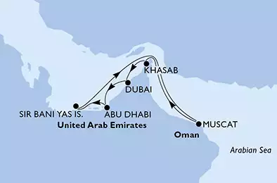 MSC BELLISSIMA - útvonalterv 7 éjszaka indulás Dubai,U.Arab Emirates kelt 30/11/2019 - United Arab Emirates, Oman