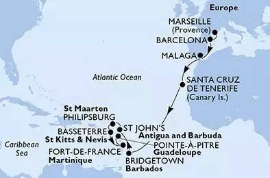France, Spain, Barbados, Antigua and Barbuda, St. Maarten, Saint Kitts and Nevis, Martinique, Guadeloupe
