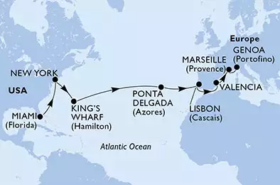 MSC DIVINA - útvonalterv 18 éjszaka indulás Miami, United States kelt 20/03/2020 - United States, Bermuda, Portugal, Spain, France, Italy